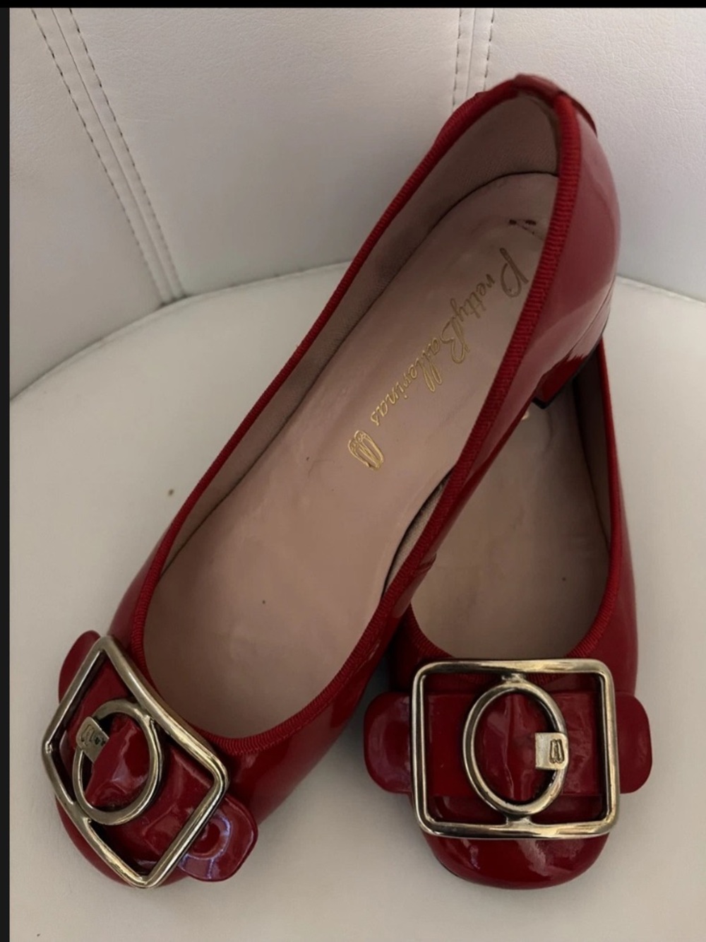 Pretty Ballerinas Red Patent Ballet Flats with Gold Buckle Accent vtg